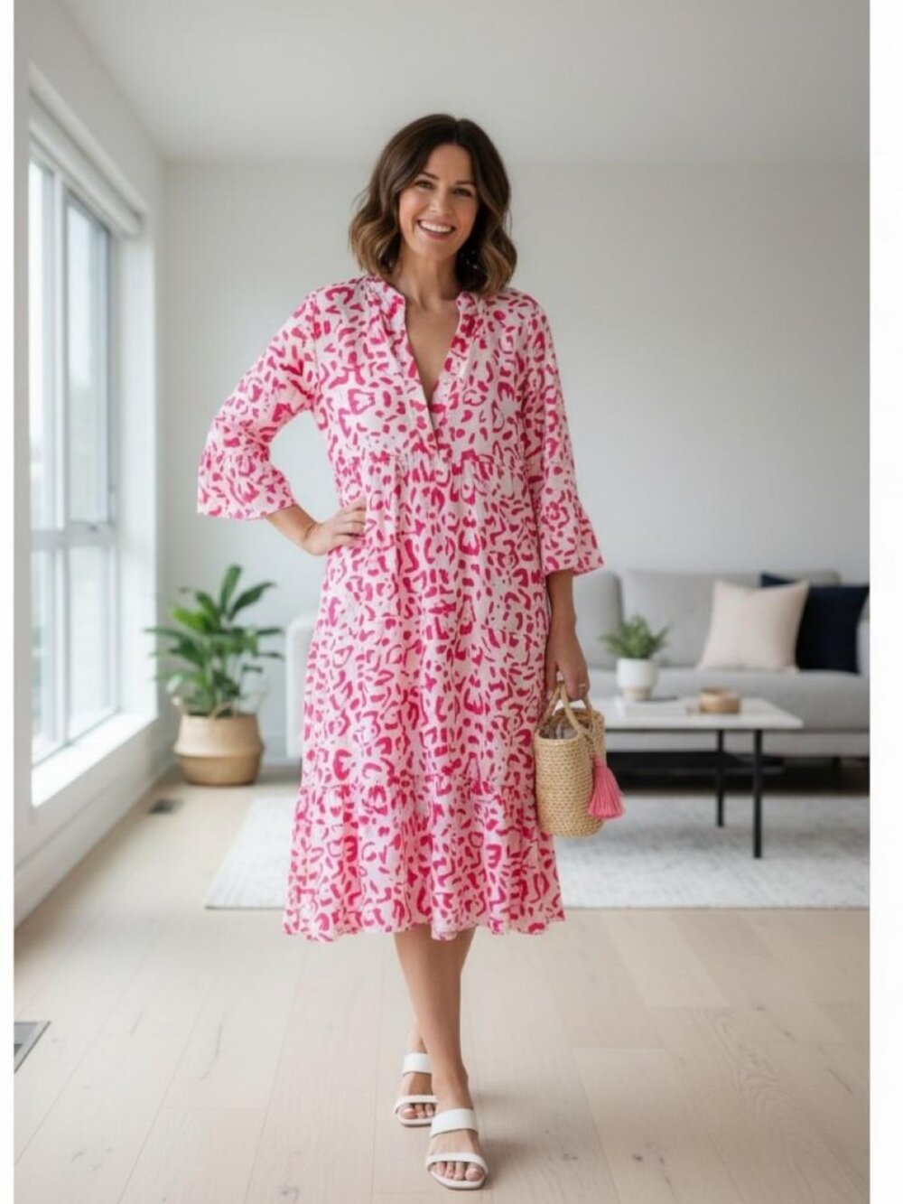 Pink & White Abstract Floral Midi Dress — Bell Sleeve